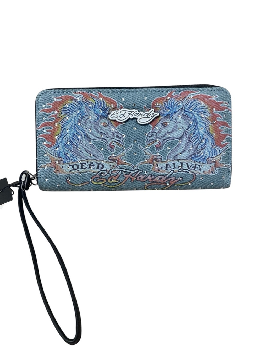 Ed Hardy Dead Alive Denim Wristlet Zip Up Horse Print Studded NWT